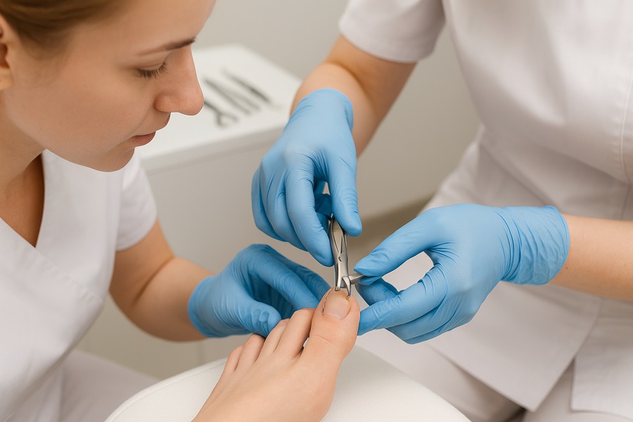 Korekta wrastających paznokci.  Na zdjęciu widać proces korekty wrastających paznokci.