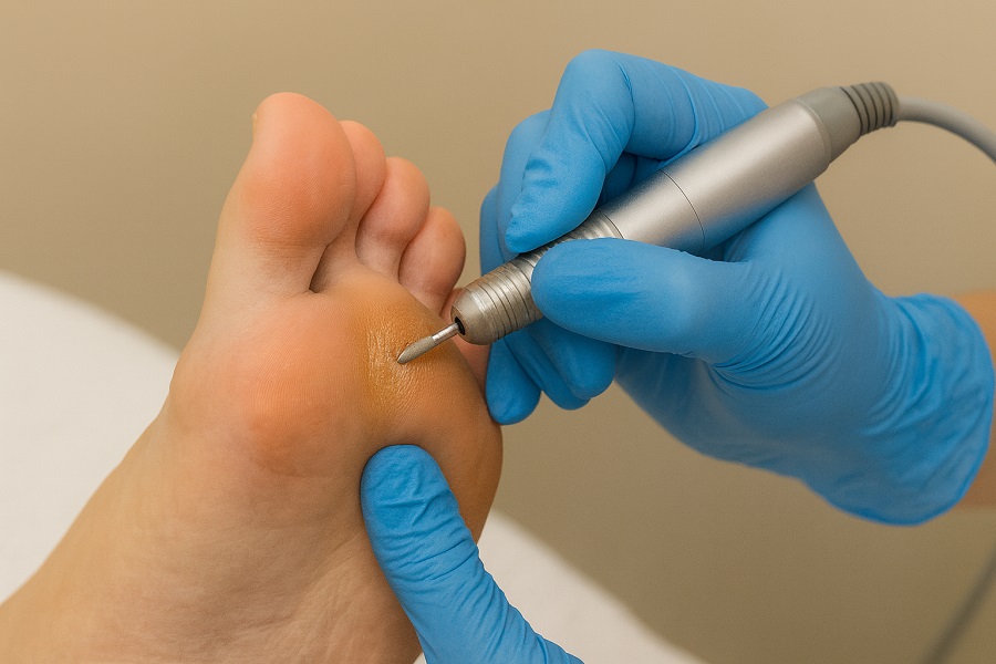 Zdjęcie przedstawia usuwanie odcisków na stopie pacjenta przy użyciu profesjonalnego narzędzia, zbliżenie na dłonie w rękawiczkach i miejsce zabiegowe