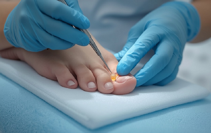 Rekonstrukcja paznokci – Na zdjęciu widac zbliżenie na pstopę i paluch pacjenta na którym specjalista sterylnym narzędziem dokonuje rekonstrukcji paznokcia