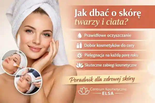 Kobieta z ręcznikiem na głowie i zadbaną skórą twarzy oraz grafika przedstawiająca zasady pielęgnacji skóry twarzy i ciała, w tym oczyszczanie, dobór kosmetyków i zabiegi kosmetyczne.