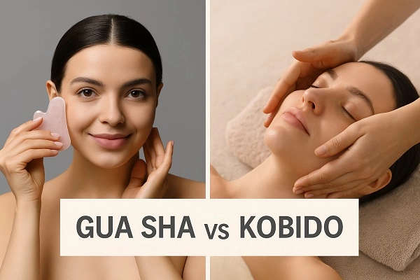 Dwuczęściowa grafika porównująca masaże Gua Sha i Kobido. Po lewej stronie kobieta wykonuje masaż Gua Sha przy pomocy różowego kamienia, uśmiechając się do kamery. Po prawej profesjonalistka wykonuje relaksujący masaż Kobido na leżącej klientce. Na środku napis: "GUA SHA vs KOBIDO".