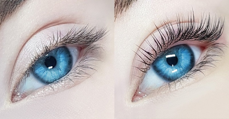 porównanie rzęs na tym samym oku przed wykonaniem laminacji i po laminacji