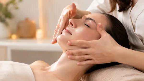 Kobido – japoński liftingujący masaż twarzy wykonywany w nowoczesnym salonie spa. Zbliżenie na twarz kobiety z zamkniętymi oczami podczas relaksującego zabiegu. Dłonie terapeutki delikatnie modelują linię żuchwy i policzek technikami manualnego liftingu. Jasne, naturalne światło podkreśla gładką, zdrową skórę i spokojną atmosferę profesjonalnej pielęgnacji. W tle minimalistyczne wnętrze w beżowych, naturalnych odcieniach.