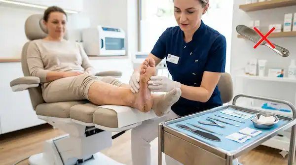 Zdjęcie przedstawia profesjonalny zabieg pedicure podologiczny w Rzeszowie. Pacjentka, siedząca w wygodnym fotelu, poddaje się diagnostyce i pielęgnacji stóp wykonywanej przez wykwalifikowaną podolożkę. Zabieg pedicure podologicznego w Rzeszowie, widoczny na grafice, obejmuje dbałość o zdrowie i estetykę stóp, w tym leczenie modzeli, nagniotków i wrastających paznokci. Widać specjalistyczne narzędzia oraz certyfikat potwierdzający jakość usług. Na ekranie wisi przekreślona tarka do pięt, co oznacza, że w profesjonalnym gabinecie podologicznym nie używa się takich domowych narzędzi. Pedicure podologiczny w Rzeszowie to gwarancja profesjonalnej opieki nad Twoimi stopami.