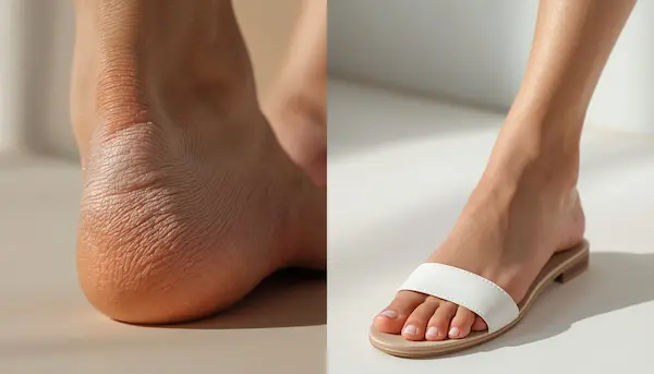 Profesjonalny pedicure Rzeszów w gabinecie ELSA – zbliżenie na stopę z suchą skórą oraz zadbaną, gładką stopę w eleganckim sandałach gotową na sezon letni