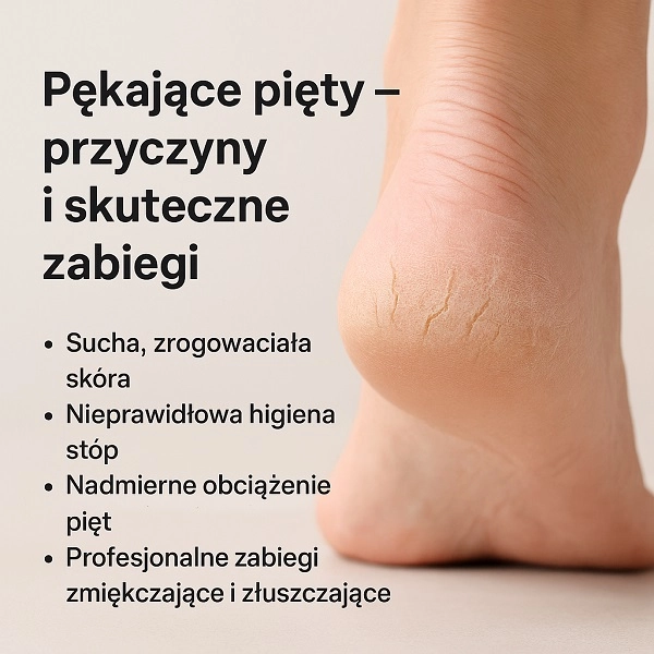 Zbliżenie na piętę z widocznymi pęknięciami i przesuszoną skórą — objawy wymagające profesjonalnej pielęgnacji podologicznej
