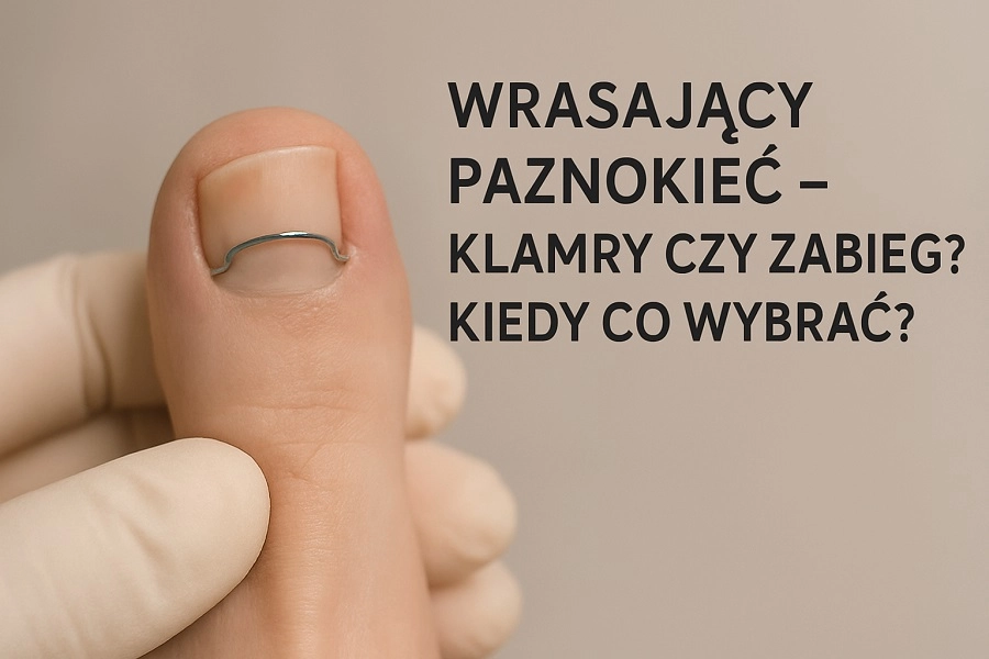 Podolog zakłada klamrę ortonyksyjną na wrastający paznokieć dużego palca stopy