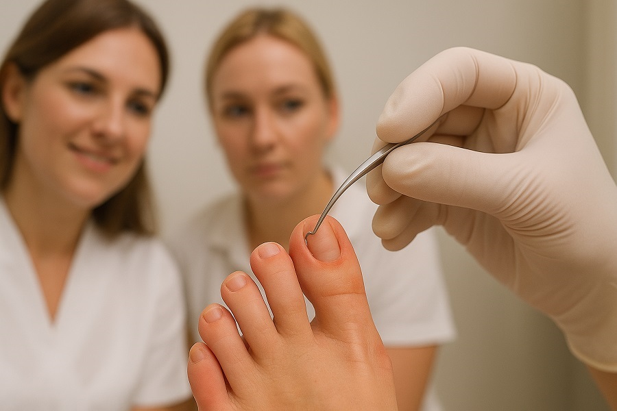 Zdjęcie przedstawia podologa zakładającego klamrę tytanową na paznokieć palucha u stopy pacjenta. W tle widać dwie kobiety w białych uniformach – kursantkę i instruktorkę – obserwujące zabieg. Ujęcie skupia się na dłoni w rękawiczce trzymającej narzędzie oraz na paznokciu, na który precyzyjnie nakładana jest klamra korygująca.