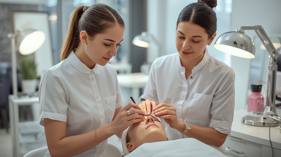 Kurs kosmetyczny w Rzeszowie – dwie kosmetyczki w białych uniformach podczas szkolenia kosmetycznego wykonują zabieg pielęgnacyjny na twarzy modelki w nowoczesnym gabinecie. Profesjonalne szkolenia kosmetyczne w Centrum Kosmetycznym ELSA obejmują praktyczną naukę stylizacji brwi, pielęgnacji skóry oraz zabiegów estetycznych.