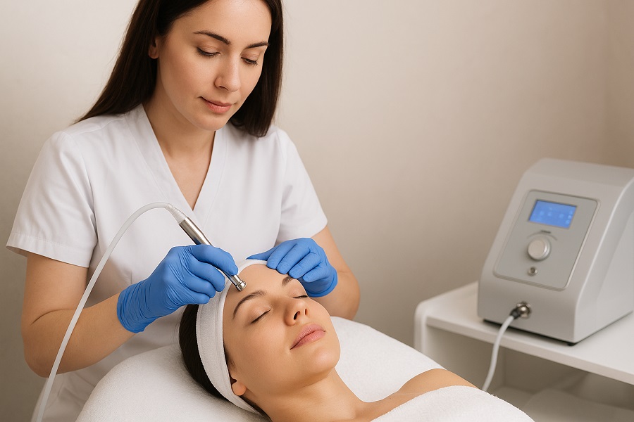 Kursantka wykonuje zabieg mikrodermabrazji diamentowej na modelce podczas szkolenia w Centrum Kosmetycznym ELSA w Rzeszowie.