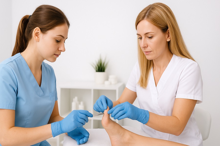 Instruktorka i kursantka podczas kursu podologicznego rozszerzonego wykonują zabieg na stopie modelki w jasnym gabinecie – obie w medycznych uniformach i niebieskich rękawiczkach, skupione na precyzyjnej pracy.