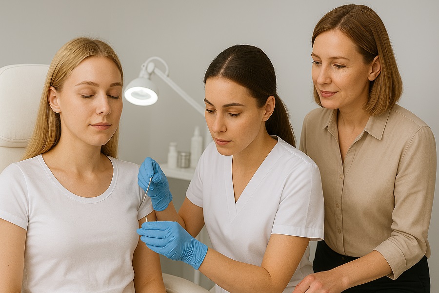 Kursantka w rękawiczkach i białym uniformie wykonuje zabieg przekłuwania ucha modelce siedzącej na fotelu w gabinecie, pod okiem instruktorki w beżowej koszuli. W tle widoczna jest lampa kosmetyczna i zestaw narzędzi, scena odbywa się w jasnym, nowoczesnym wnętrzu szkoleniowym.