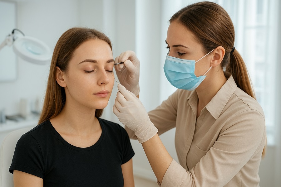 Kosmetyczka w maseczce ochronnej i rękawiczkach wykonuje przekłuwanie brwi igłą u młodej kobiety siedzącej na fotelu w nowoczesnym, jasno oświetlonym gabinecie kosmetycznym.